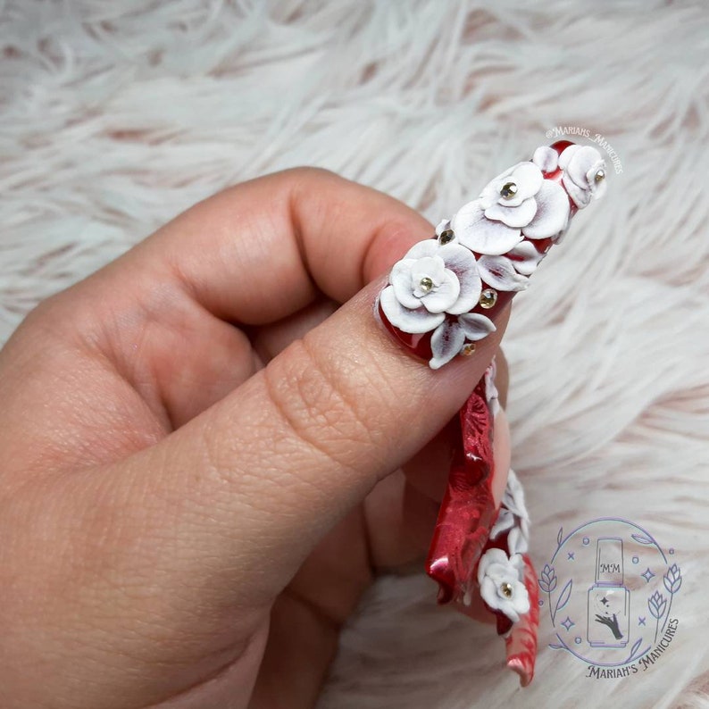 Royal Roses press on nails red Rose ruby hand painted lace 3D Acrylic flowers elegant stones glue on nails crystals image 6