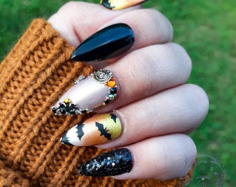 Trick or Treat press on nails | Spiderweb | pumpkin | Spooky season | gothic | witch nails | Halloween | goth | glitter | candy corn | bats