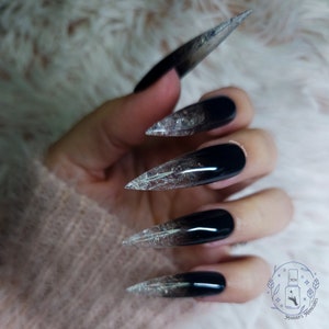 May include: Long, pointed black and silver ombre nails with a clear glitter overlay. The nails are styled in a stiletto shape.