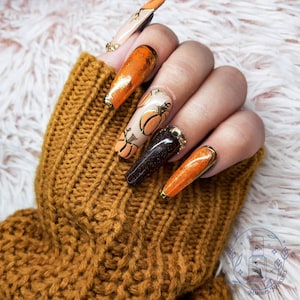 Golden Gourds Press on Nails Pumpkin nails Fall nails Autumn nails plaid nails gold Handpainted Pumpkin Patch bling orange image 1