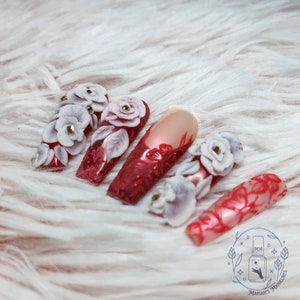 Royal Roses press on nails red Rose ruby hand painted lace 3D Acrylic flowers elegant stones glue on nails crystals image 3