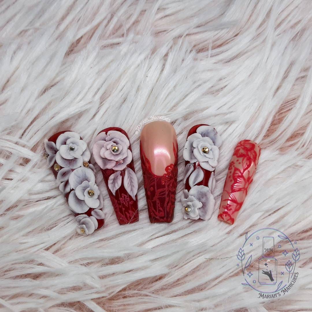 Royal Roses Press on Nails Red Rose Ruby Hand Painted Lace 3D Acrylic  Flowers Elegant Stones Glue on Nails Crystals - Etsy