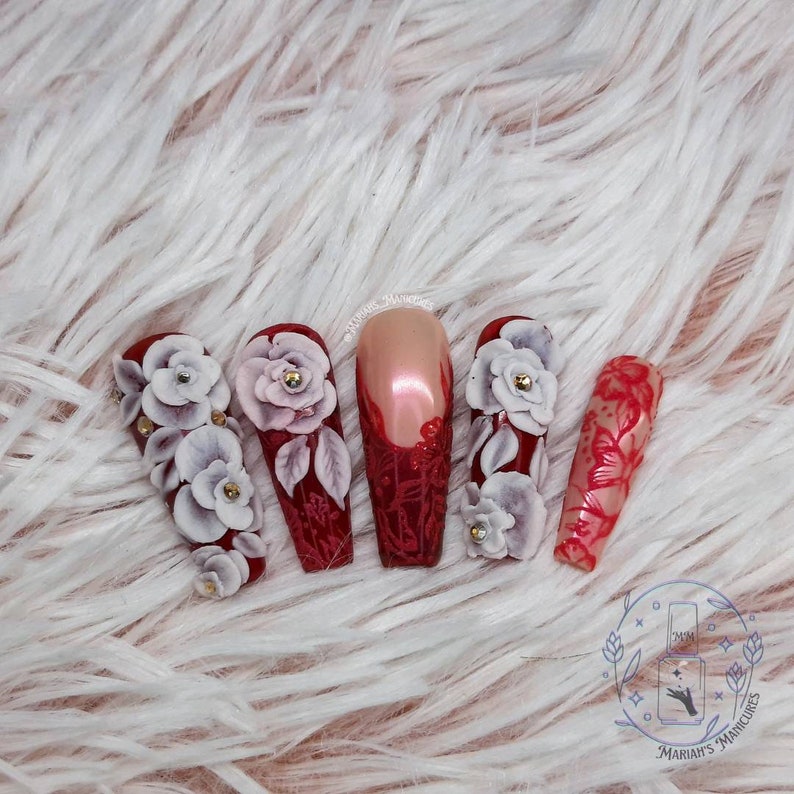 Royal Roses press on nails red Rose ruby hand painted lace 3D Acrylic flowers elegant stones glue on nails crystals image 1