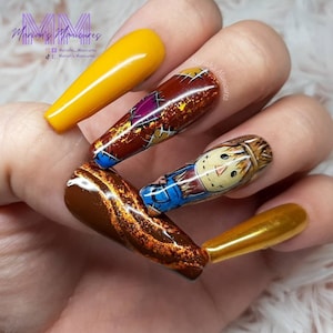 Scarecrow Press On Nails |Fall Nails | Autumn Nails | Autumnal | Character | Handpainted | Custom Nails | | Brown | Fall Colors | Orange image 2