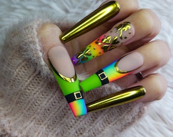 End o' the Rainbow  press on nails, St Patrick's, gold, ombre , french, chrome, spring, holiday, fake nails, green, clover, glue on nails