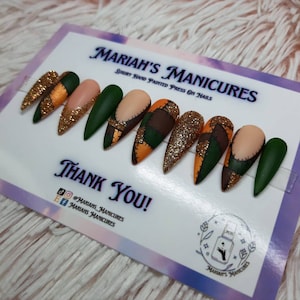 Patchwork Press On Nails | Pumpkin nails | Fall nails | Autumn nails | green  | gold | Handpainted | Patch | bling | orange | glitter| brown