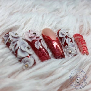 Royal Roses press on nails red Rose ruby hand painted lace 3D Acrylic flowers elegant stones glue on nails crystals image 4