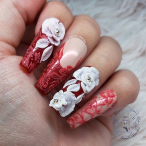 Royal Roses press on nails red Rose ruby hand painted lace 3D Acrylic flowers elegant stones glue on nails crystals image 8