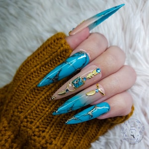 Turquoise press on nails, feather, western, teal, black, glitter, blur, glue on nails, gold, fake nails, marble, gemstone, jewelry, crystals
