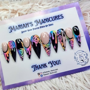 Rainbow Roses press on nails, Glow in the dark , Gothic, flowers, glitter, ombre, rainbows, glue on nails, frenchies, black nails