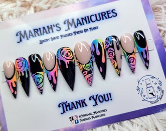 Rainbow Roses press on nails, Glow in the dark , Gothic, flowers, glitter, ombre, rainbows, glue on nails, frenchies, black nails