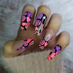 Vibrant Valentine press on nails, Glow in the dark , Gothic, flowers, glitter, ombre, rainbows, glue on nails, frenchies, black nails, heart