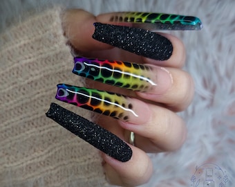 Rainbow Snake press on nails, summer, pigment, black nails, rainbow, reptile, colorful nails, fake nails, sugared glitter, glue on nails