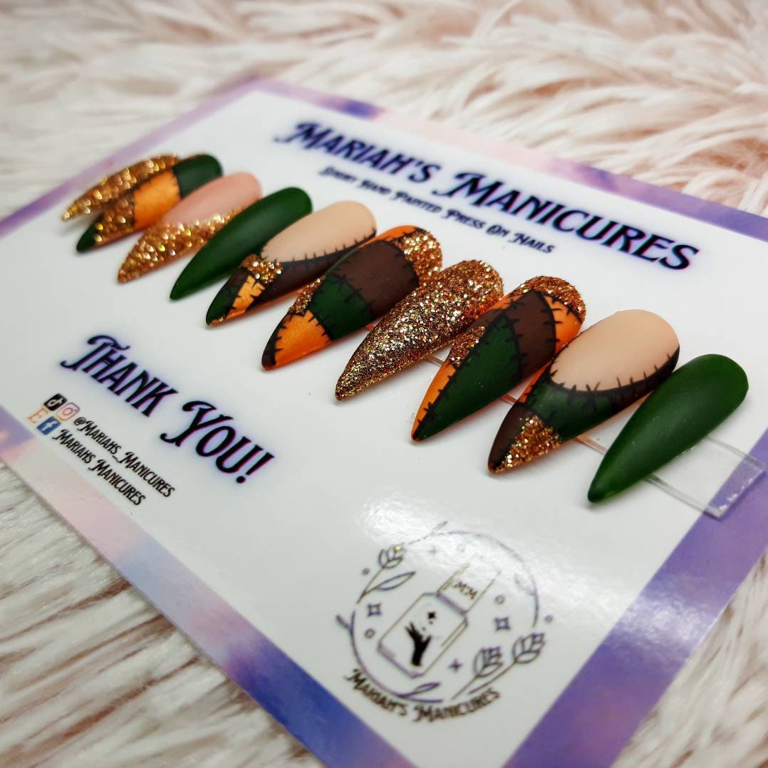 Patchwork Press on Nails | Pumpkin Nails | Fall Nails | Autumn Nails ...