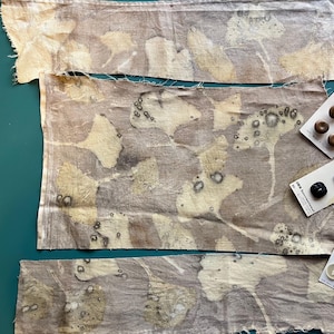 May include: Three rectangular pieces of light brown fabric featuring a botanical print of ginkgo leaves in cream and dark brown. Three separate cards of buttons are included: one with four brown buttons, one with two black buttons, and one with five white buttons.