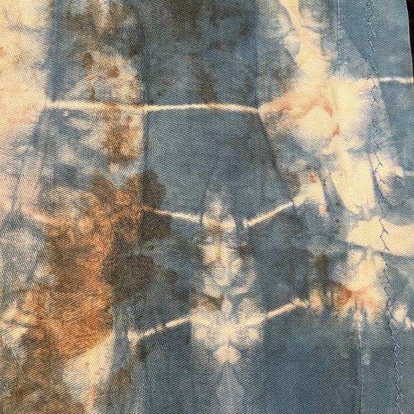 Cotton Table Topper - 13 x 34 Handmade & Machine Hemmed Eco Printed Indigo Shibori Dyed - Blue, Browns, and White Made w/ Upcycled Fabric