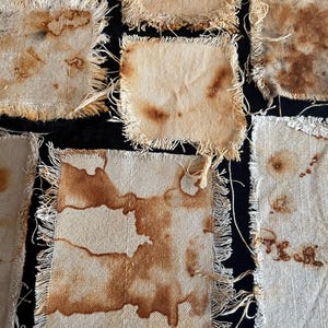 Set of 7 Frayed Rusted Patches - Rust Dyed & Eco Printed - Linen, Cotton, Cotton Canvas and Denim Fabrics for Stitching, Embellishment