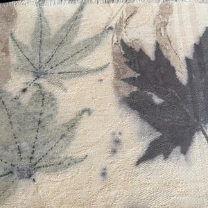 6 x 21 Inch Botanically Eco Dyed Hand Printed Textured Cotton Fabric - Maple Leaves / Eucalyptus Bark - Green, Browns & Black on Beige Back