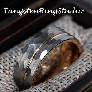 Hammer Wedding Ring Gray Rose Gold Strip Tungsten Rose Gold 8 MM Ring Womens Ring Tungsten Carbide Hammer Ring Anniversary Ring Mens Ring