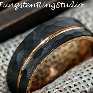 Rose Gold Strip Black Hammer Tungsten Wedding Ring Rose Gold 8 MM Ring Womens Ring Tungsten Carbide Hammer Ring Anniversary Ring Mens Ring