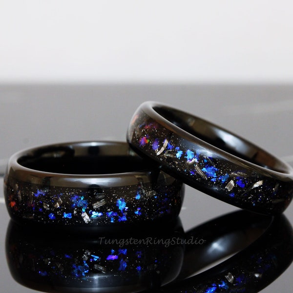 Meteorite Nebula Matching Ring Set His and Hers Ring Set Black 4mm 6mm 8mm Men Women Ring Outer Space Ring Wedding Anniversary Ring Tungsten