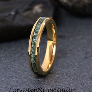 Natural Moss Agate Ring Yellow Gold Beveled Tungsten Ring Mens Ring Womens Wedding Ring Band Anniversary Engagement Promise Ring 4 6 8mm