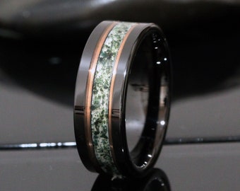 Polish Green Moss Agate Black Rose Gold Accent Ring 8mm Tungsten Wedding Ring Eco-Friendly Men Wedding Band Moss Agate Black Ring Mens Ring