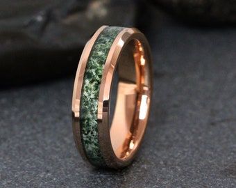 Green Moss Agate Ring Rose Gold Beveled Tungsten Mens Ring Womens Wedding Ring Wedding Band Anniversary Ring Engagement Promise Ring 4 6 8mm