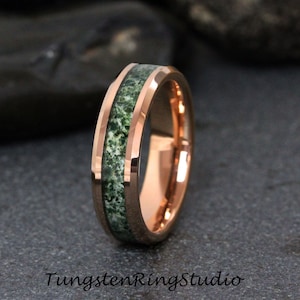 Green Moss Agate Ring Rose Gold Beveled Tungsten Mens Ring Womens Wedding Ring Wedding Band Anniversary Ring Engagement Promise Ring 4 6 8mm