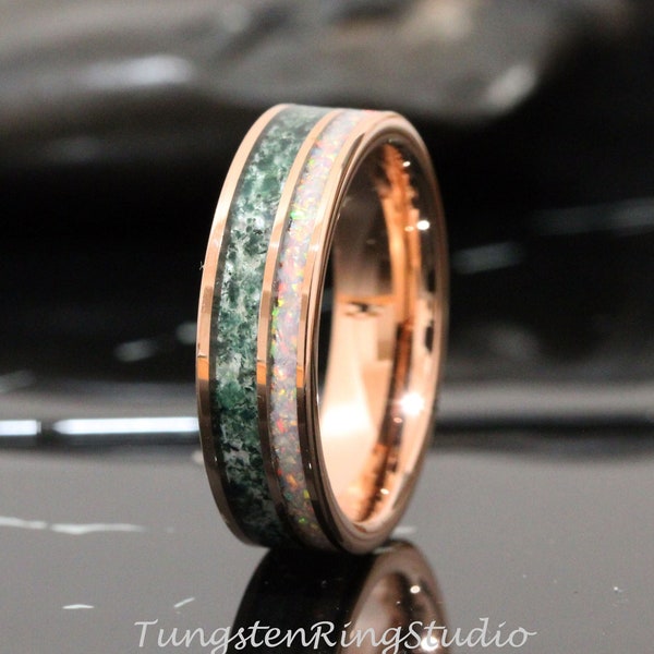 6mm Opal Moss Agate Fire White Opal Wedding Ring 8mm 6mm Rose Gold Tungsten Wedding Ring  Men Band Mens Ring Men & Women Ring