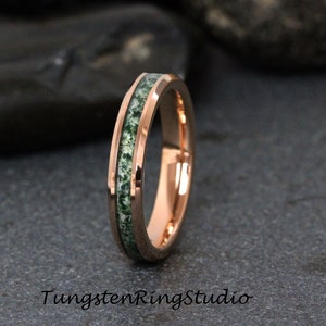 Moss Agate Ring Rose Gold Beveled Tungsten Ring Mens Ring Womens Wedding Ring Wedding Band Anniversary Ring Engagement Promise Ring 4 6 8mm