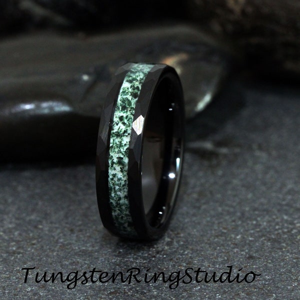 6mm Green Moss Agate Black Hammer Ring 8mm 4mm Tungsten Wedding Ring  Men Wedding Band Moss Agate Black Mens Ring Men & Women