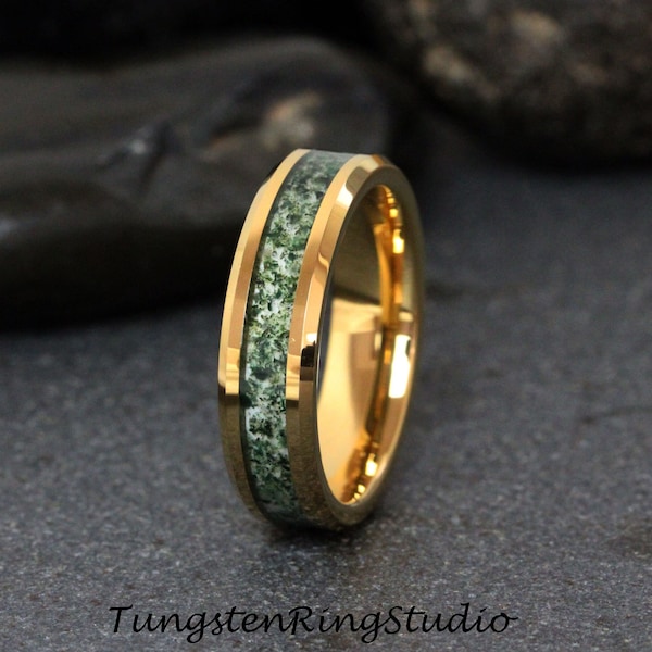 Groene mos Agaat ring geel goud afgeschuinde wolfraam ring heren ring dames trouwring band verjaardag ring engagement belofte ring 4 6 8mm