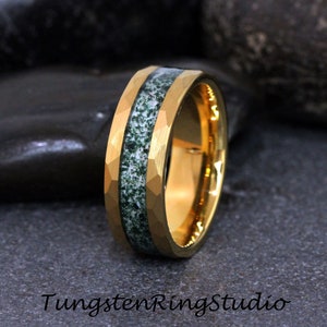 Hammer Gold Moss Agate Ring 8mm 6mm 4mm Tungsten Wedding Ring  Men Wedding Band Moss Agate Black Ring Mens Ring Men & Women