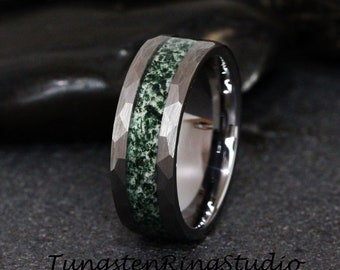 Green Moss Agate Hammer Ring 8mm 6mm 4mm Tungsten Wedding Ring Eco-Friendly Men Wedding Band Moss Agate Black Ring Mens Ring Men & Women