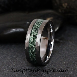 Green Moss Agate Hammer Ring 8mm 6mm 4mm Tungsten Wedding Ring  Men Wedding Band Moss Agate silver gray Ring Mens Ring Men & Women