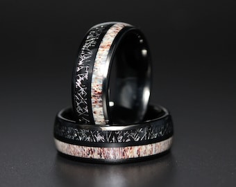 Black Meteorite Deer Antler Black Tungsten Wedding Rings Bands Meteorite Ring Anniversary Ring Mans Mens Rings Hawaiian TungstenRingStudio