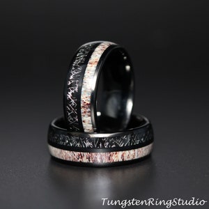 Black Meteorite Deer Antler Black Tungsten Wedding Rings Bands Meteorite Ring Anniversary Ring Mans Mens Rings Hawaiian TungstenRingStudio