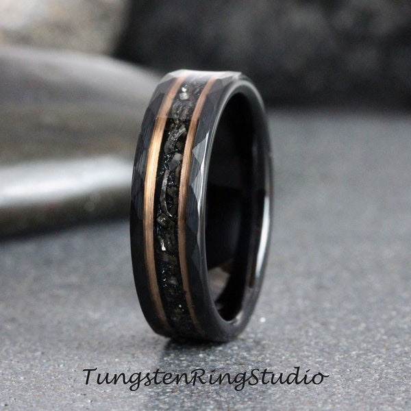 6mm Meteorite Ring, Black Hammered Rose Gold Strip Tungsten Wedding Rings Stripe Gibeon Meteorite Bands Anniversary Mans Mens Ring