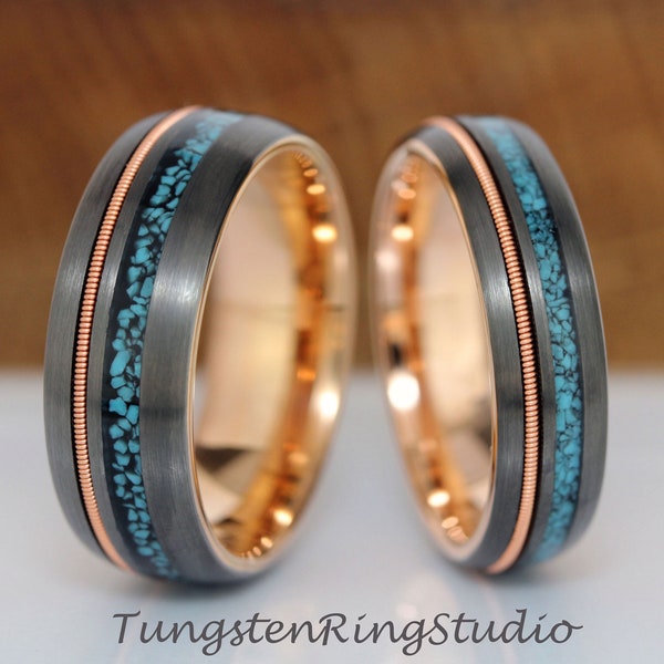 Crushed Turquoise Guitar String Rose Gold GunMetal Wedding Ring Match Ring His and Hers Ring Wedding Ring Set Anniversary Ring Tungsten Ring