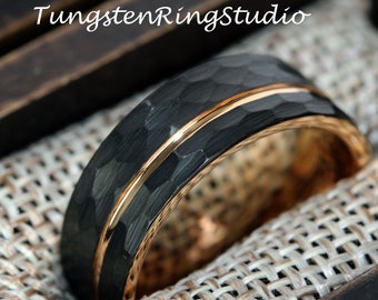 Black Hammered Tungsten Wedding Ring, Rose Gold Inlay (8mm)