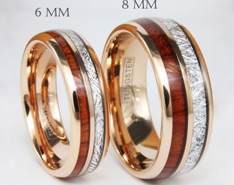 Meteorite Koa Wood Rose Gold Tungsten Wedding Rings Bands Meteorite Ring Tungsten Carbide Anniversary Ring Mans Mens Rings Hawaiian Jewelry
