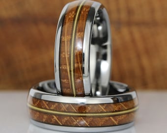 Guitar String Tungsten Wedding Ring Whiskey Barrel Ring Match Rock and Roll Ring Wedding Set Mens Ring Wooden Ring Guitarist Ring Musician