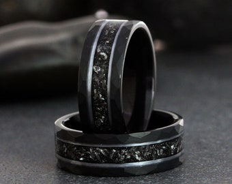 Gehämmerter Meteorit-Herrenring, Weißgold-Streifen-Schwarz-Wolfram-Hochzeitsring Gibeon Band Jahrestag Männer-Herrenring Interstellarer Ring