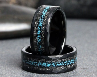 Mens Meteorite Ring, Hammer Turquoise Wedding Ring, Mens Wedding Ring Gibeon Meteorite Band Crushed Turquoise Ring Mens Ring Mans Ring