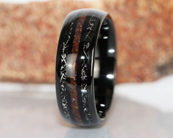 Black Meteorite Crushed Red Dinosaur Bone Tungsten Wedding Rings Bands Dinosaur Meteorite Ring Anniversary Mans Mens Ring TungstenRingStudio