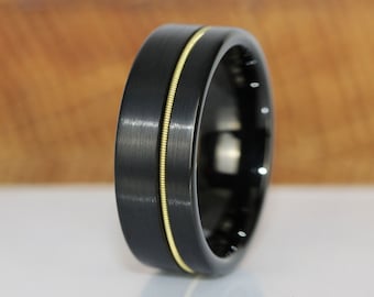 Aliança de casamento em tungstênio com corda de guitarra, aliança de aniversário para músicos.