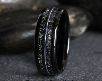 Meteorite Guitar String Black Ring 8mm Ring Black Tungsten Wedding Ring Polished Dome Tungsten Anniversary Ring Mans Mens Ring Men & Women