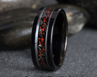 Flat Meteorite Red Dinosaur Bone White Gold Strip Black Tungsten Wedding Rings Tyrannosaurus Rex T-Rex Bone Fossil Bands Anniversary Men