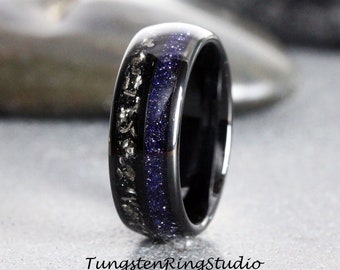 Black Meteorite Nebula Ring 8mm 6mm Black Ring Band Men Women Outer Space Ring Wedding Ring Anniversary Doom Comfort Fit Tungsten Ring